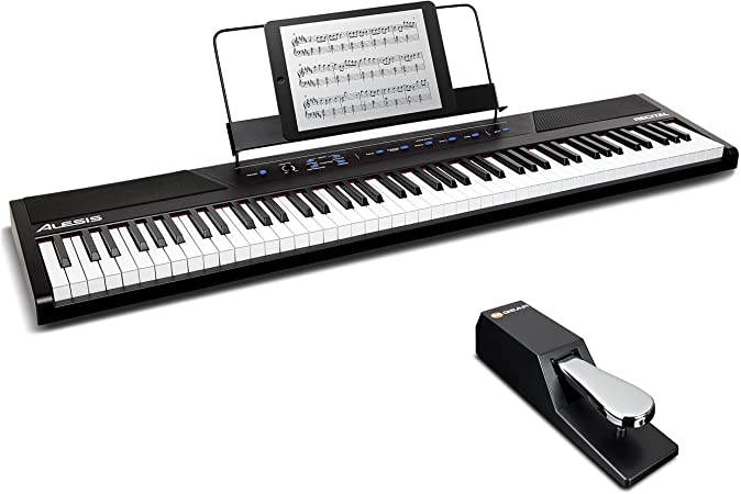 Digital Piano Bundle - Electric Keyboard with 88 Semi Weighted Keys, Built-In Speakers, 5 Voices and Sustain Pedal – Alesis Recital and M-Audio SP-2