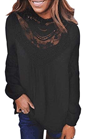 Angashion Women's Sexy Casual Tops Lace O-Neck Long Sleeves Loose Blouse Shirts