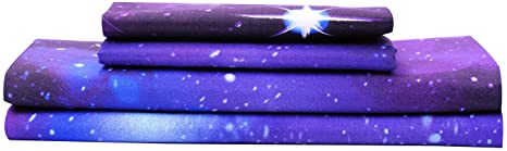 Bedlifes Galaxy Sheets Outer Space Sheet Set Galaxy Themed Sheets 4 pcs Flat Sheet& Fitted Sheets with 2 Pillowcases(Purple Queen)