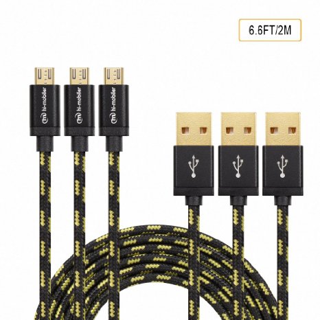 Hi-mobiler® (3-Pack) 6.6ft/2M High Speed Tangle-Free Nylon Braided USB2.0 A Male to Micro B Cable with Aluminum Shell and Gold-Plated Connectors for Samsung LG HTC and Other Tablet Smartphone (Black)