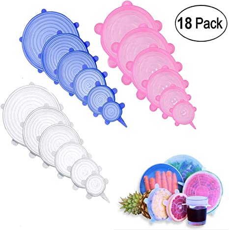 Silicone Stretch Lids,18 Pack Flexible Reusable Lids Food Wrap Apply to All Kinds of Food Storage Container, Silicone Food Covers, Microwave and Dishwasher Safe, 6 Sizes