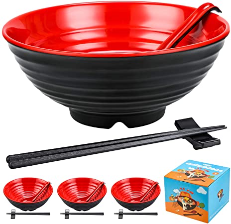 KDKD 4 Sets Ramen Bowl Sets (16 pieces) Melamine Large Noodle Bowls. 8 Inch Asian Chinese Japanese Thai Miso Udon Wonton Soup38oz. With Spoons, Chopsticks and Stands Complete Dinnerware. -Black/Red