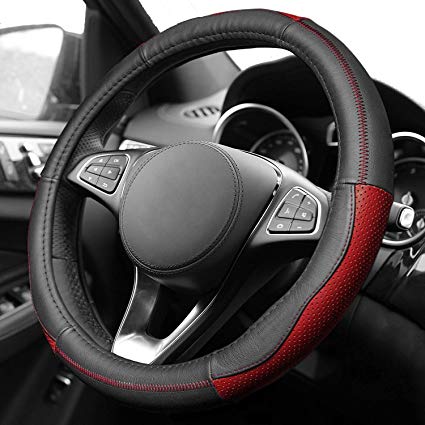 GSUIVEER 15 Inch Auto Steering Wheel Cover Leather Universal Women Men Skidproof Breathable Odorless for Cars Jeep Trucks SUV (Red and Black)