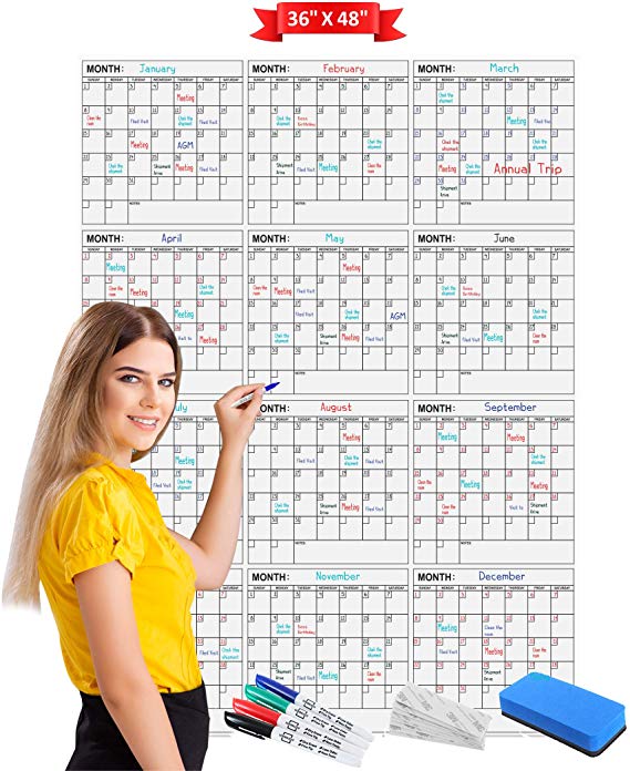 Scribbledo Jumbo Dry Erase Yearly Calendar 36" x 48" 12 Month Reusable Wall Planner Includes 4 Markers 1 Eraser and Mounting Tape.… (Vertical)