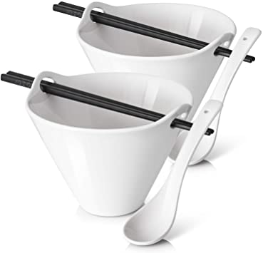 DOWAN 20 oz Ramen Bowl Set with Matching Spoon and Chopsticks, Soup Bowl for Pho, Ramen Noodle, And Miso Soups, 2 Packs, White, 6.5 inches