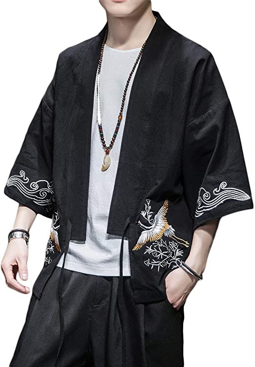 PRIJOUHE Men's Kimono Jackets Cardigan Casual Cotton Blends Linen Seven Sleeve Open Front Embroidery Coat