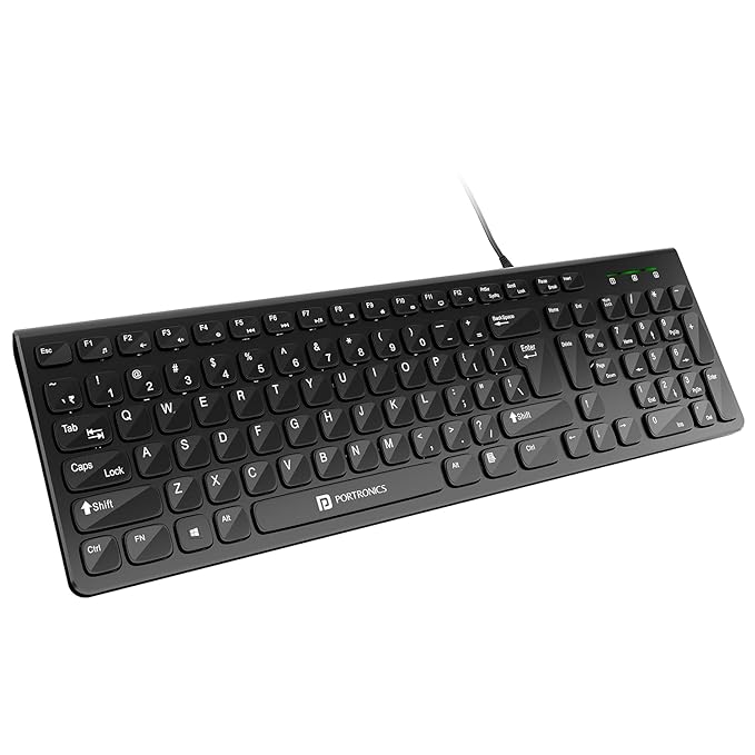 Portronics Ki-Pad 2 USB Wired Keyboard with 104 Keys, Dual Color Chicklet Keys, Rupee Symbol (₹) Key, Noiseless Typing, 1.5 m Long Cable, 10 Million Keystrokes Long Life for PC, Laptop & USB-Supported Devices (Black)