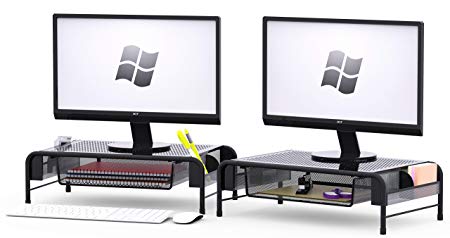 SimpleHouseware 2PK Metal Desk Monitor Stand Riser with Organizer Drawer