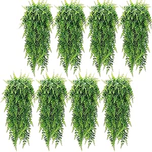 Lyrow 8 Pcs Artificial Hanging Plants 32 in Fake Hanging Plant Fake Boston Ferns Plastic Faux Hanging Plants Fake Plants for Wall House Room Garden Wedding Garland Indoor Outdoor Decoration, No Basket