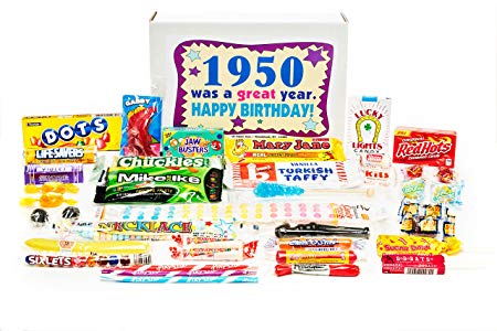 Woodstock Candy ~ 1950 69th Birthday Gift Box Nostalgic Retro Candy Assortment from Childhood for 69 Year Old Man or Woman Born 1950 Jr