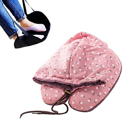 Funbase Floral Adjustable Hooded Neck Pillow Cotton Hood Travel Pillow W/Airplane Foot Rest