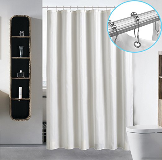 Waterproof Fabric Shower Curtain Liner by Hotel Quality Mildew Resistant Washable Eco Friendly Sheer Polyester Damask Stripe with Sliding Rust Proof Stainless Hooks - Standard 72 x 72, Light Beige