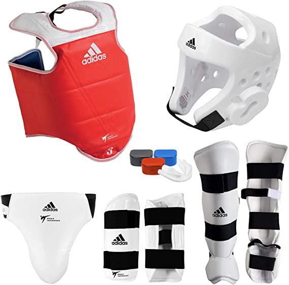 adidas Complete Taekwondo Sparring Gear Set with SHIN Instep - White - Adult-Small