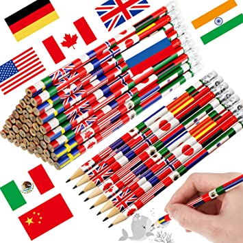 International Flags World Pencils American British France China India Flag Pencils with Erasers School Supplies Pencils Veterans Day Independence Day 4th of July Office Supplies (60 Pcs)