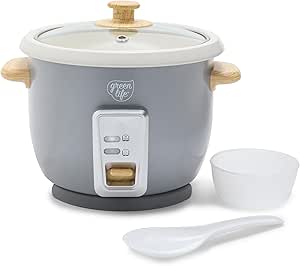 GreenLife PFAS-Free, 6-Cup Rice Oats and Grains Cooker, Healthy Ceramic Nonstick, Easy to Use Automatic Presets, Wood Print Handles, One Switch Design, Dishwasher Safe Parts, Measuring Cup, Rice Paddle, Quartz Gray