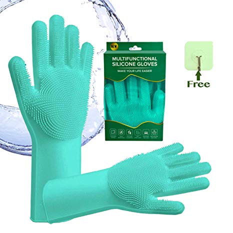 Magic Silicone Gloves for Dishwashing - 1 Pair | Scrubbing Brush for Dishes, Kitchen Accessories, Fruit & Vegetable Scrub Brushes, Car Cleaning Supplies | For Pet Grooming, Dog Bathing, Stain Remover