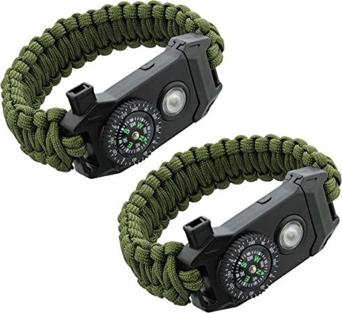 SDS Survival Paracord Bracelet 2pk Green 7-in-1 Tactical Bracelet - Emergency Whistle, Compass, Light, and Fire Starter