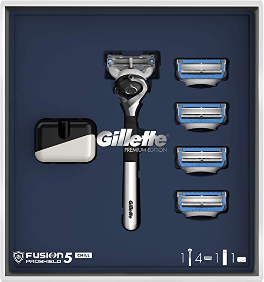 Gillette Gift Set With Fusion5 ProShield Chill Chrome Razor Premium Edition For Men   3 Blades   Shaving Gel   Stand