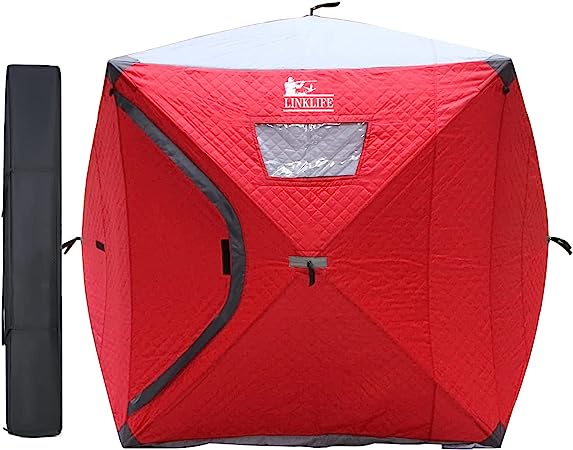 2-3 People Ice Fishing Shelter - LINKLIFE Outdoor Pop Up Ice Fishing Tent with 4 Detachable Ventilation Windows, 3-Layer Fabric, Coldproof Snowproof Windproof Waterproof Oxford Fabric (Red)