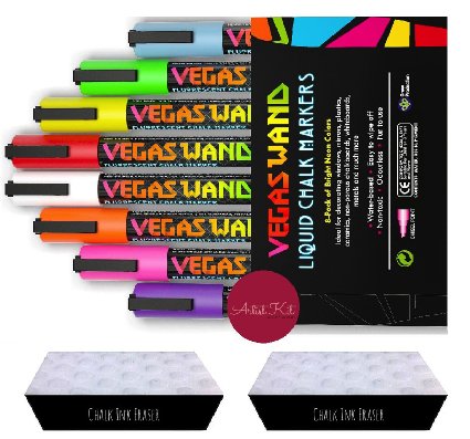 Chalk Markers by Vegas Wand with 8 Neon Wands and 2 Ink Erasers