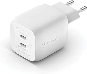 Belkin Doppio caricabatteria da parete USB-C da 45 W, ricarica rapida PD 3.0, caricatore USB C con tecnologia GaN per iPhone 15, 14, 13, 12, Pro, Pro Max, iPad, MacBook, Galaxy S24, S23, Tab e altri