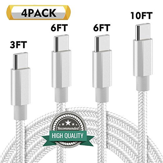 Youer USB Type C Cable 4Pack 3FT 6FT 6FT 10FT USB C to USB 3.0 Nylon Braided Cable Fast Charger for Samsung Galaxy Note 8 S8 Plus, LG G5 G6 V30, HTC 10, Nexus 5X/6P,Google Pixel XL Silver