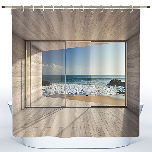 Polyester Shower Curtain by Homenon [ Empty Modern Lounge Area With Large Window And View Of Sea Waves Rocks ] Fabric Bathroom Decor with Hooks, 72 Inches