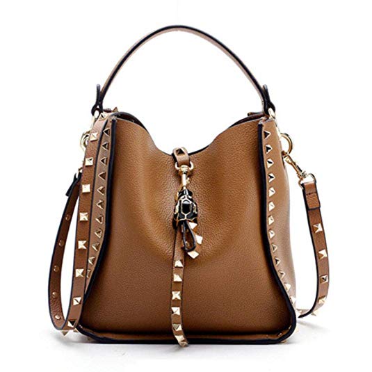 ACTLURE Women Cowhide Leather Rock Stud Double Handle Hobo Crossbody Shoulder Handbag Bucket Purse