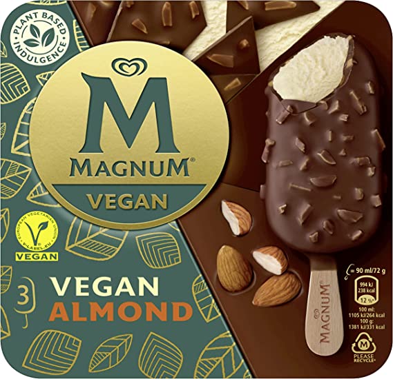Magnum Vegan Almond with chocolate made from Rainforest Alliance Certified cocoa Ice Cream gluten free frozen dessert 3 x 90 ml