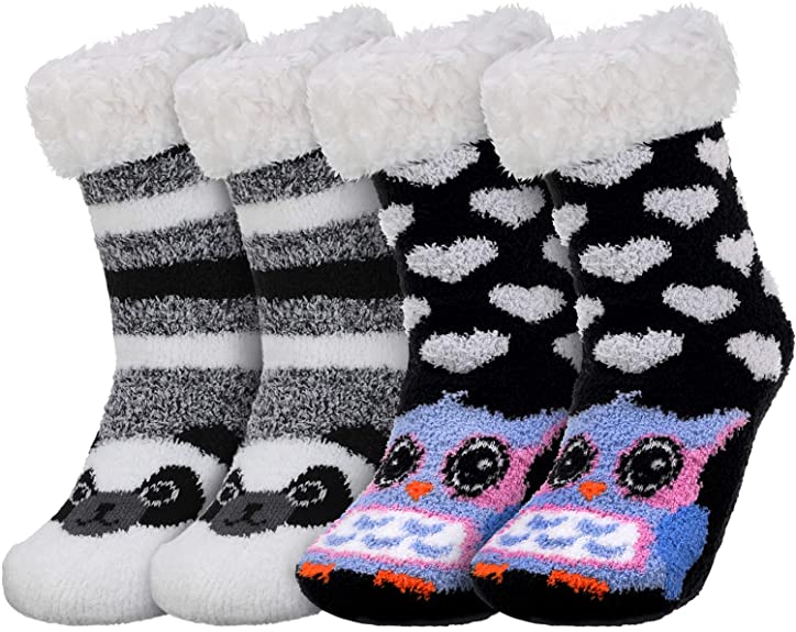 2 Pairs Winter Warm Slipper Socks Cute Animal Pattern Fuzzy Socks for