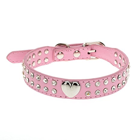Pet Kingdom 2 Rows Rhinestone Bling Heart Studded Leather Dog Collar For Small Or Medium Pet Collar