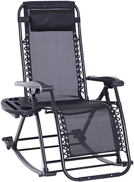 Outsunny Folding Zero Gravity Rocking Lounge Chair with Cup Holder Tray - Black