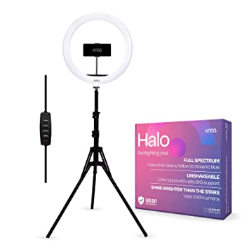 Kreo Halo 12 Inch Selfie Ring Light with Tripod Stand | Portable, 3 Modes, Youtube Ready | Dimmable and Bright Lighting for Instagram, Reels, YouTube, Makeup, Live Stream, Vlog, Works with iPhone, Android & Camera