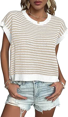 EVALESS Women's Sweater Vest Striped Color Pullover Tank Top Round Neck Cap Sleeve Lightweight 2024 Fall Casual Clothes