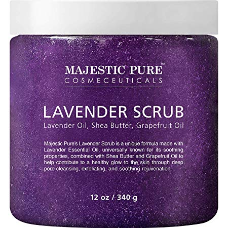 Lavender Oil Body Scrub Exfoliator with Shea Butter and Grapefruit Oil by Majestic Pure - Exfoliate & Moisturize Skin, Fights Acne - 12 oz