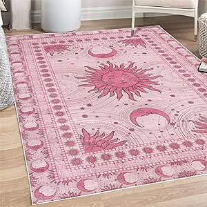 Ambesonne Sun and Moon Decorative Rug, Bohemian Occult Design of Crescent Solar Ornament Esoteric Stars, Quality Carpet for Bedroom Dorm and Living Room, 4' x 5' 5", Pink