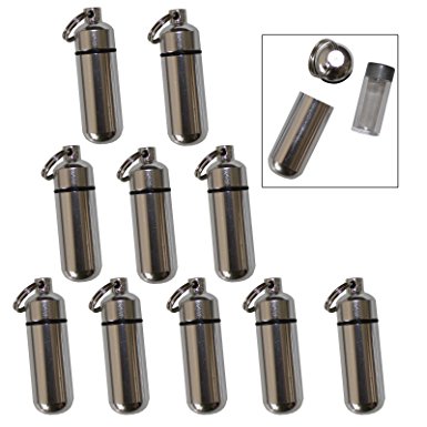 10 Pack Aluminum Pill Case Keychain ID Holder Silver with Inner Container