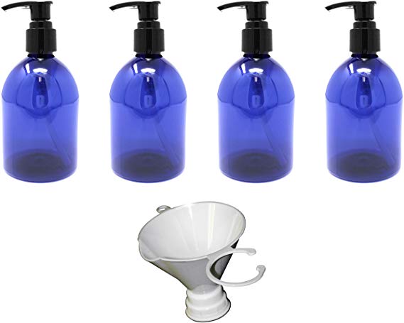 Earth's Essentials Cobalt Blue 10 Ounce Refillable Designer Pump Bottles. (4 Pack with Funnel) Shatterproof PET Plastic. Excellent Liquid Hand Soap, Lotion, Shampoo and Massage Oil Dispensers.
