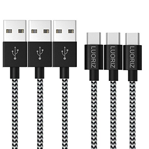 [3 Pack] USB Type C Cable (USB C to USB A), LUORIZ 2m/6.6ft Extra Long Nylon Braided USB C Charger Cable Charging for the New MacBook, Samsung A5, Samsung Galaxy S8/S8 , LG G5/G6, Nexus 5X/6P, Huawei P9, HTC 10/U11, Sony Xperia XZ, OnePlus 2/3T, Lumia 950/950XL, ChromeBook Pixel, Nintendo Switch, Wileyfox Swift 2/2 /2X, Nokia N1 and More Type-C Devices- Silver Black