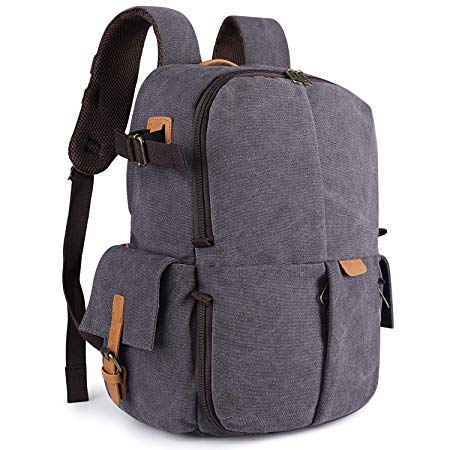 S-ZONE Camera Backpack Canvas Travel Case Bag 15.6 inch Laptop Tripod DSLR Lens