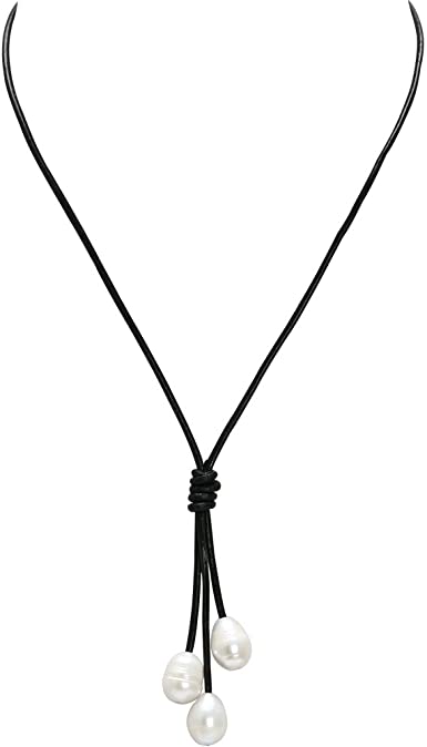 Pearlypearls 3 Freshwater Pearl Pendant Necklace on Black Leather Cord Jewelry for Women 18''