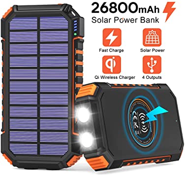 Solar Power Bank 26800mAh, Hiluckey Solar Charger with 4 Outputs Wireless Portable Charger USB C External Battery Pack Quick Charge 3.0A with Dual Flashlights for Smartphones, Tablets, Switch