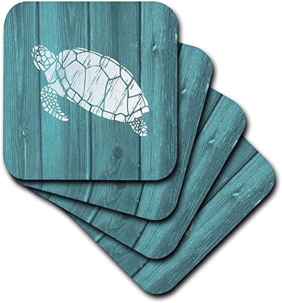 3dRose Turtle Stencil in White Over Teal Weatherboard- Not Real Wood - Soft Coasters, Set of 4 (CST_220428_1)