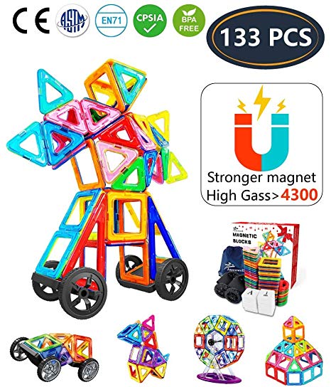Jasonwell Magnetic Building Blocks 133pcs - Magnet Blocks Set Kids Magnetic Toys Preschool Creative Educational Construction Stacking Kit Building Magnetic Tiles for Toddlers Children