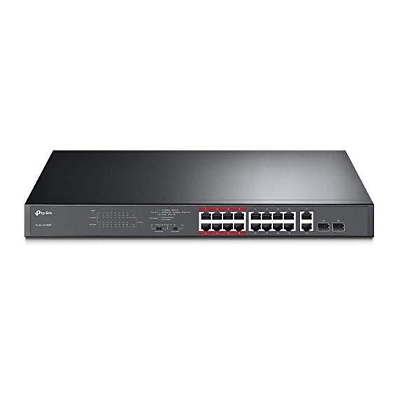 TP-Link 16-Port 10/100Mbps   2-Port Gigabit Unmanaged Poe Switch - Up to 250 Transmission, 802.3AT/Af Compliant, Priority Mode for Video Monitoring (TL-SL1218MP)