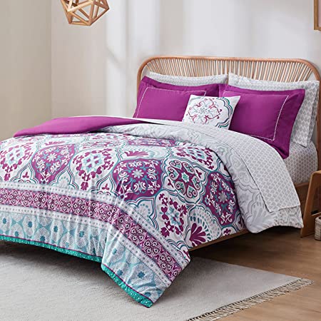 Degrees of Comfort Full Size Complete Comforter Sets, Lattice Boho Bed in A Bag,Microfiber Bedding Set with Side Pockets, Matching Decorative Pillow, 8 Piece Purple