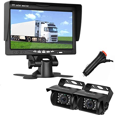 LeeKooLuu Dual Backup Cameras and 7'' TFT Monitor Kit System for RV/Van/Trailer/Truck/SUV/Bus/Motorhome IP68 Waterproof Night Vision Plug to Cigaratte Lighter/Single Power