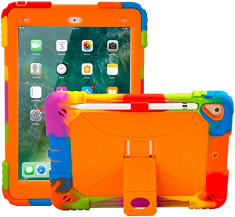 ACEGUARDER iPad 9.7 Case 2017/2018, iPad 6th/5th Generation Case iPad Air 2 Case for Kids Double-Layer Heavy Duty Cover with Apple Pencil Holder & Kickstand for iPad Pro 9.7 (Rainbow/Orange)