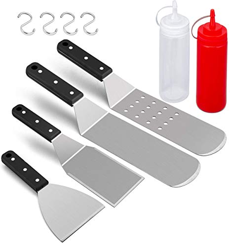 HaSteeL Griddle Accessories, 6-Piece Metal Spatula Set Stainless Steel with Riveted Handle for BBQ Flat Top Grill, Pancake Flipper/Griddle Scraper/Hamburger Turner - Dishwasher Safe
