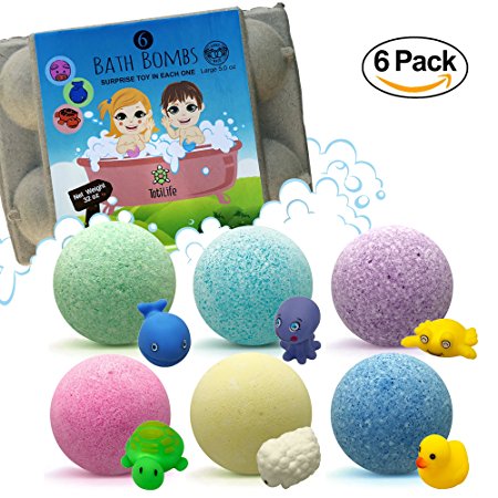 Kids Bath Bombs with Hidden Toys Inside: 6 Colored 4.5 Ounce Fun Fizzy Tub Balls with Essential Oils in an Egg Carton with Free Art Book by Toti Life